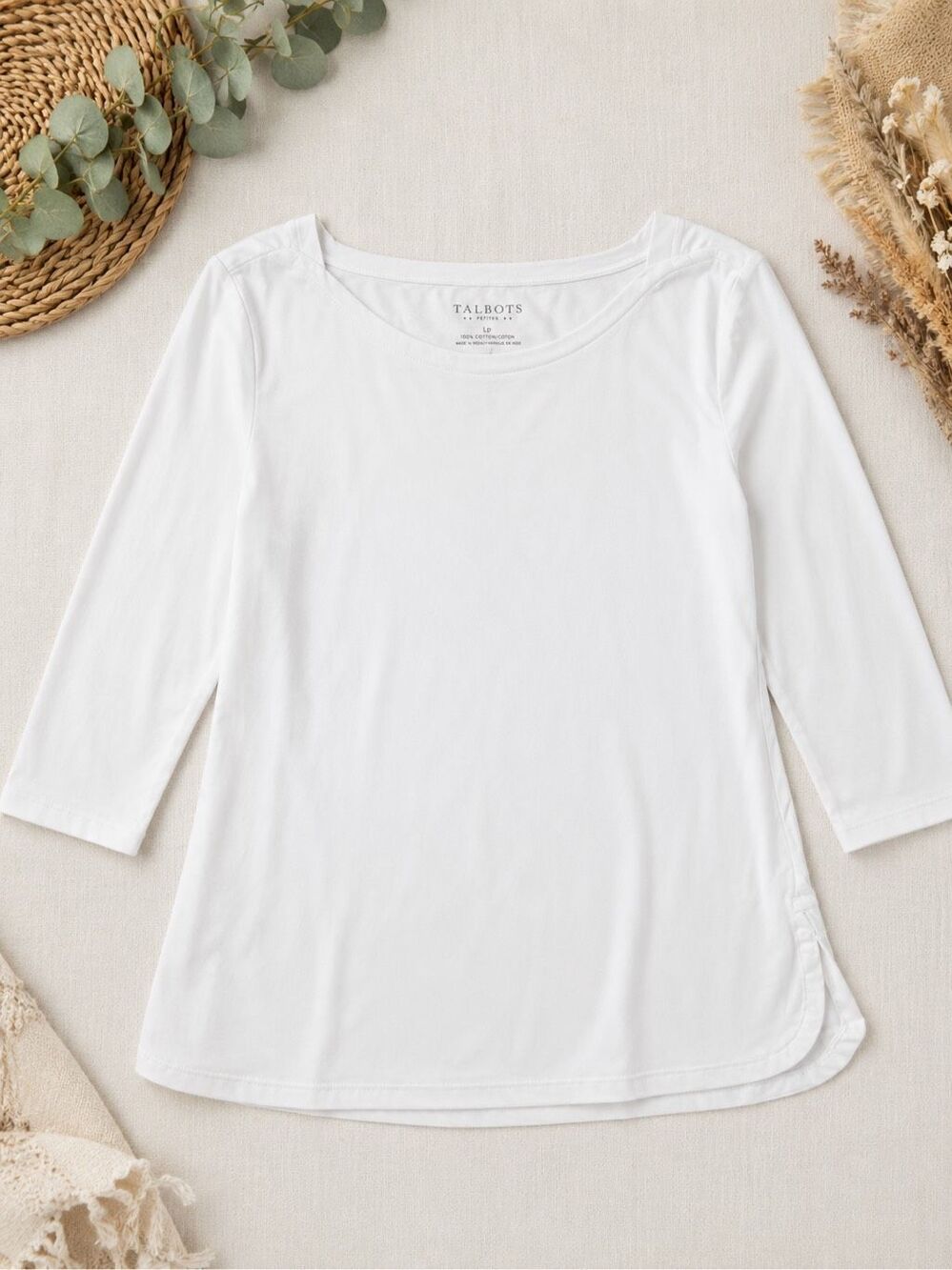 Talbots Petites Women’s Large Petite White 3/4 Sleeve Cotton Top